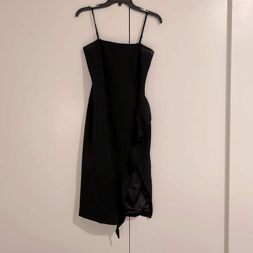 Bardot black midi dress with side ruffle